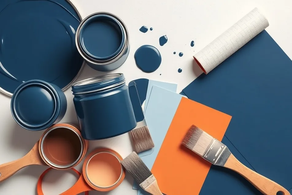 Pots de peinture, nuancier, brosses et rouleaux disposés à plat