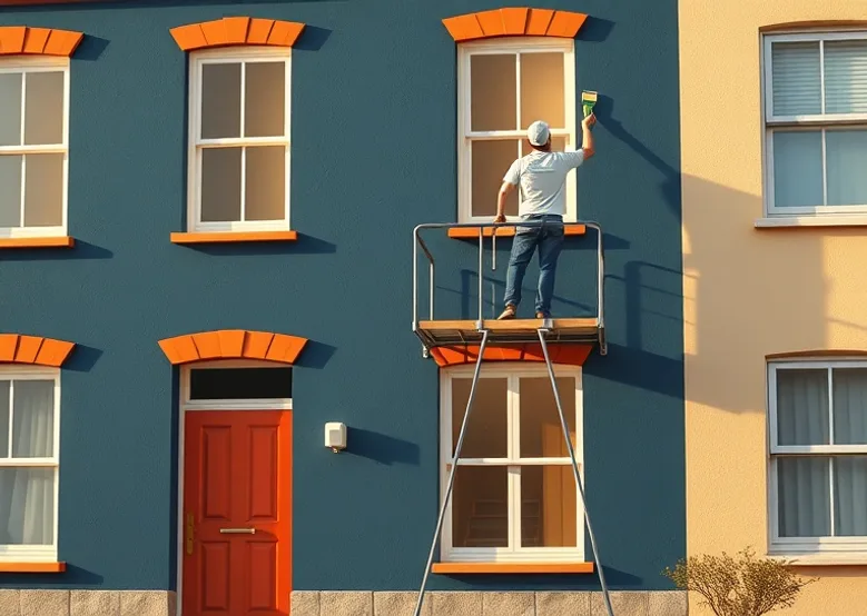 Peintre sur échafaudage traitant la façade d'une maison