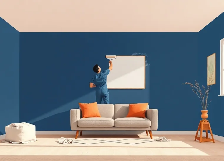 Peintre appliquant la peinture au rouleau sur un mur de salon